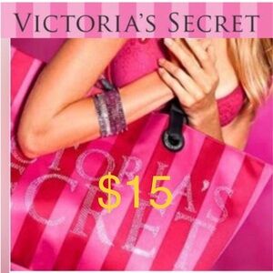 VICTORIA SECRET Pink/Red Striped satin Tote w/blingy logo size20x13 pre❤️cond